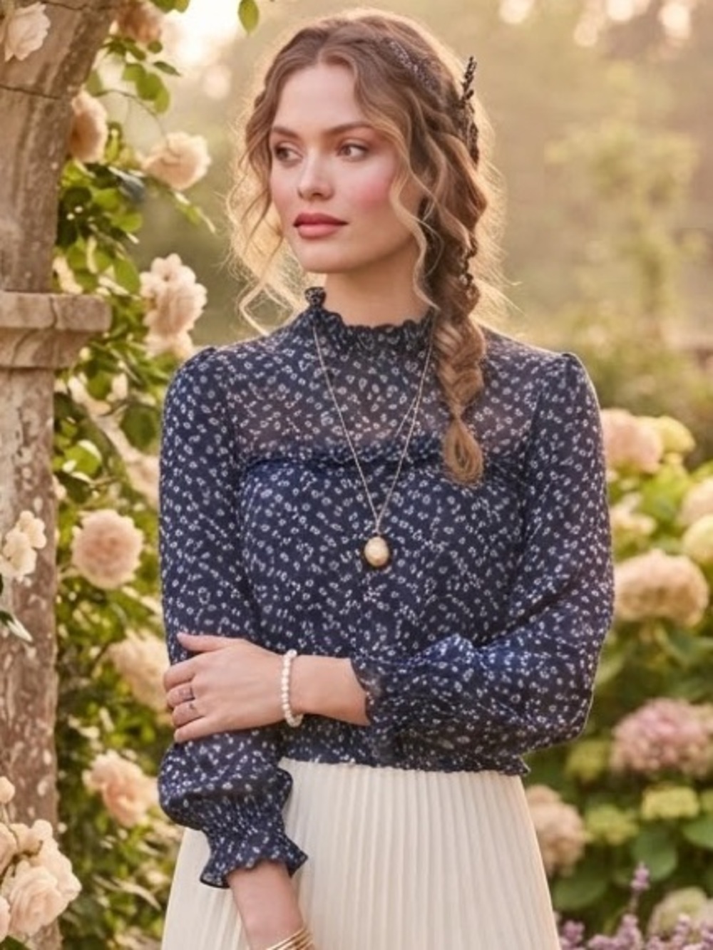 Monteau Los Angeles Navy Blue Floral Smocked Ruffle Mock Neck Blouse Top  NEW!